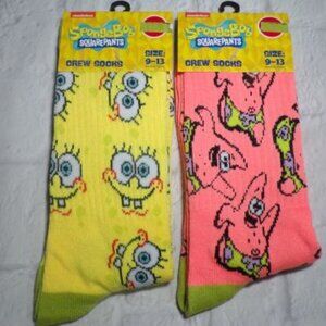 NEW 2 Pair Nickelodeon SpongeBob SquarePants Patrick Crew Socks Adult Size 9-13